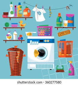 Laundry room with washing appliances and accessories. Vector illustration