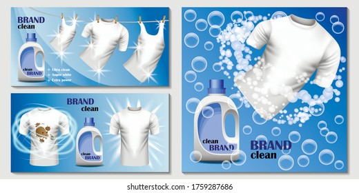 Laundry room washing banner concept set. Realistic illustration of 3 laundry room washing vector banner horizontal concepts for web