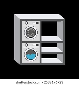 Laundry room. Washing and drying machine. Vector 3D illustration. Isolated on black background. Shelves for clothes and detergents	