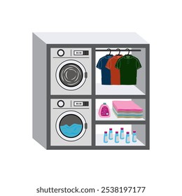 Laundry room. Washing and drying machine. Vector 3D illustration. Isolated on white background. Shelves for clothes and detergents