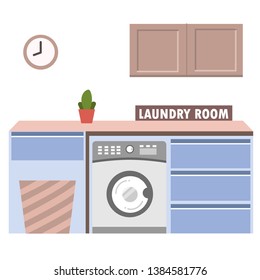 Laundry room with washing machine, basket, cabinet, and counter Coloring without  border in front view.Cartoon version.Flat style