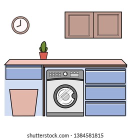 Laundry room with washing machine, basket, cabinet, and counter Coloring the black border on white background in front view.Flat style. Vector illustration. 