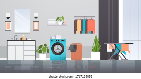 laundry room with washing machine basket ironing board and clothes rack modern bathroom interior horizontal vector illustration
