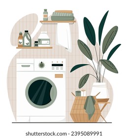 Laundry room with washing machine, basket with dirty clothes, detergents, towels  and home plant. Japandi or Scandinavian interior. Eco Friendly home