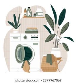 Laundry room with washing machine, basket with dirty clothes, detergents, towels and home plant. Japandi or Scandinavian interior. Eco Friendly home