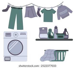 Laundry room with washing machine, basket with dirty clothes, detergents, towels and home plant. Japandi or Scandinavian interior. Eco Friendly home