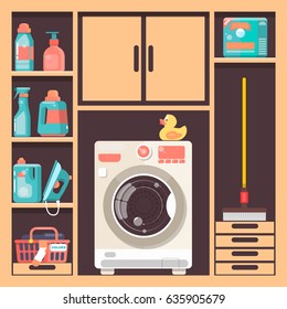 Laundry room with washing machine  basket and household chemicals flat style vector illustration