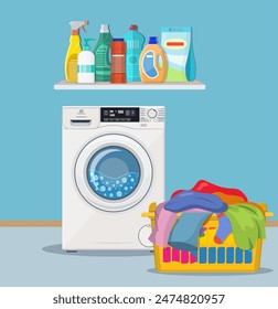 laundry room with washing machine and cleaning products on the shelf. Vector illustration in flat style