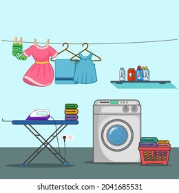 Laundry room with washing machine and clothes hanging on the hangers  vector image