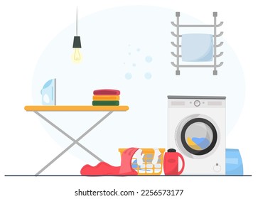 Laundry room with washing machine, clothes, towels, household concept, flat vector illustration