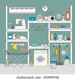 Laundry room with washing machine and clothes rack dryer, facilities for washing, washing powder and basket on shelves. Vector illustration.