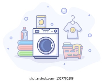 Laundry room with washing machine, detergent, clothing, basket, bubbles, laundry equipment. Modern illustration of washing 