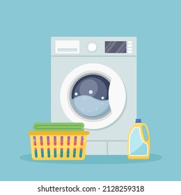 Laundry room with washing machine, detergent and plastic basket with clean linen. Vector illustration