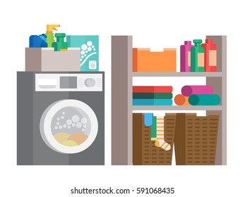 Laundry room with washing machine, detergents, and basket on shelves. Flat style vector illustration.