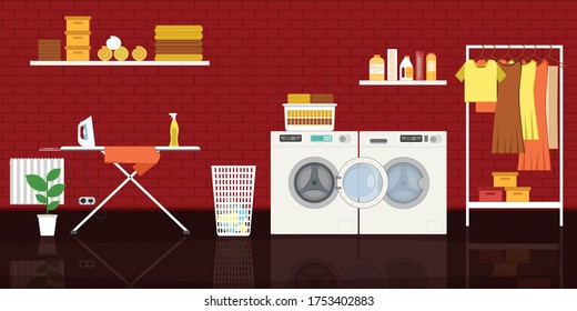 Lavandería con lavadora, tabla de planchar, tendedero y cesta. ilustración vectorial en estilo plano