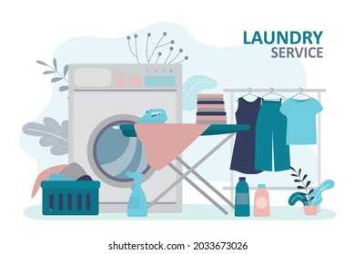 Laundry room with washing machine and ironing board. Hanger with washed and ironed clothes. Basket of dirty textiles. Laundry or cleaning service. Dry cleaning concept. Trendy flat vector illustration