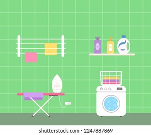 Lavandería con lavadora, tabla de planchar y plancha sobre fondo verde. El concepto de casa interior. Caricatura de estilo plano. Ilustración del vector