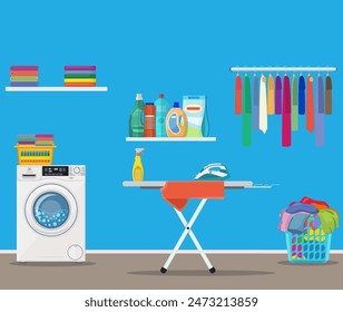 Laundry room with washing machine, ironing board, clothes rack, household chemistry cleaning, washing powder and basket. vector illustration in flat style