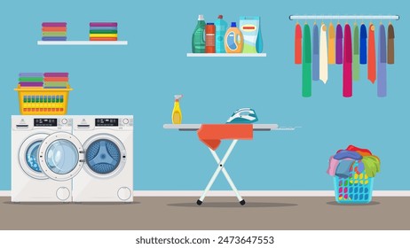 Laundry room with washing machine, ironing board, clothes rack, household chemistry cleaning, washing powder and basket. vector illustration in flat style