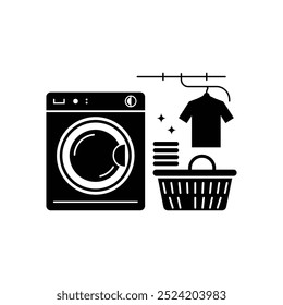 Laundry room with washing machine, ironing board, clothes rack and household. vector illustration in flat style