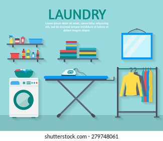 Laundry room with washing machine, ironing board, clothes rack with things, facilities for washing, washing powder and mirror. Flat style vector illustration.