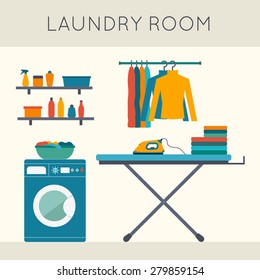 Laundry room with washing machine, ironing board, clothes rack with things, facilities for washing, washing powder and mirror. Flat style vector illustration.