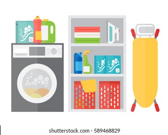 Laundry room with washing machine, ironing board and basket on shelves. Flat style vector illustration.