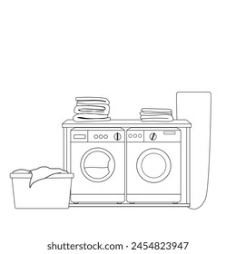 Laundry room with washing machine and laundry items line art.