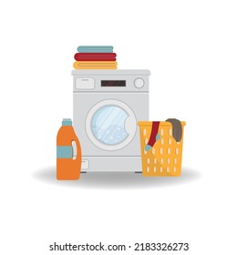 Laundry room with washing machine, powder, basket, isolated on white background. Household equipment for washing - flat illustration