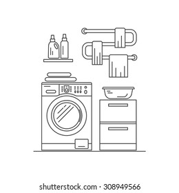 Laundry room with washing machine. Thin line flat design vector illustration.