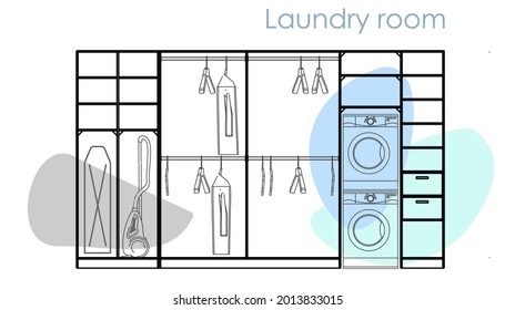 
Lavandería con lavadora, secadora, estanterías, plancha y barandillas. Ilustración vectorial. Dibujo.