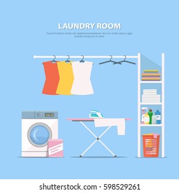 Laundry room with washing machine, wardrobe with household chemistry and clean linen. Concept laundry interior in flat style. Vector illustration.