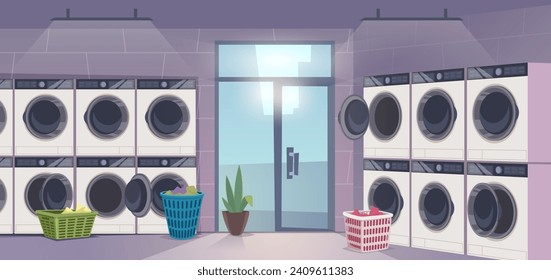 Laundry room. Washing service for dirty clothes exact vector cartoon background