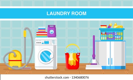 Laundry Room Web Banner Vector Template with Text. Vacuum Cleaner in Bathroom. Washing Powder Package on Washing Machine. Household Chemicals in Basket. Gloves in Bucket with Bubbles. Towels Stack