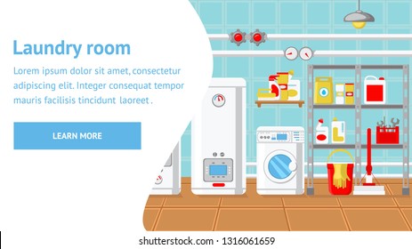 Laundry Room Web Page Vector Template. Contemporary Bathroom Decoration. Flat Illustration, Text Space. Boiler, Washing Machine, Detergents, Bucket, Gloves, Pipes. Designing Company Landing Page