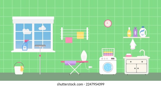 Laundry room with window, furniture and washing machine on green background. Home interior concept. Cartoon flat style. Vector illustration