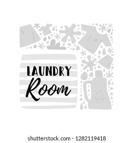 Laundry rooms  include countertops for folding clothes. There is a place for text. Concept laundry room. Cartoon vector.