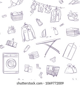 Laundry, seamless vector pattern. Hand drawn on white background