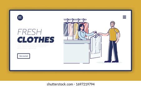 Laundry Self Service And Dry Cleaning Concept. Website Landing Page. Girl Laundry And Dry Cleaner Worker Give To Man Washed Clean Suit. Web Page Cartoon Linear Outline Flat Style. Vector Illustration