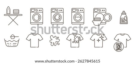 Laundry self service linear icons isolated on transparent background.
Washing service icons. Washing machine, t-shirt, spot liquid detergent, basin, iron, clean shirt and other icons.
