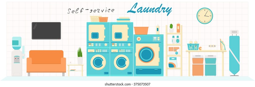 Laundry Self-service with laundry room with washing machine, iron, ironing board, clothes pole in flat style. Vector illustration eps10