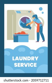 Laundry service advertising card or banner design with laundress puts clothes in washing machine or dryer, flat vector illustration. Laundrette and dry clean banner.