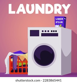 Laundry service advertising poster, flat vector illustration. Washing machine, basket with dirty clothes and washing powder. Laundromat banner.