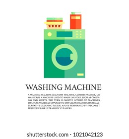 Laundry service advertising poster, vector logo with washing machine, washing powder and clothes