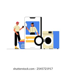 Serviço De Lavanderia App Com Linho De Ferro E Máquina De Lavar Em Ilustração De Vetor Plano Simbolizando Conveniência E Soluções De Lavanderia Modernas, Isolado Em Fundo Branco.