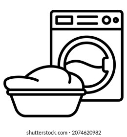 Servicio de lavandería. Lavado automático. Lavadora, lavabo con lino limpio. Trabajo doméstico. Icono del vector, contorno, aislado. Trazo editable.