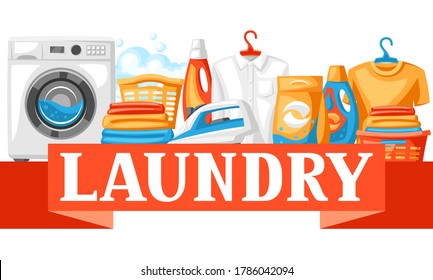 Laundry service background with professional items. Washing and cleaning illustration.