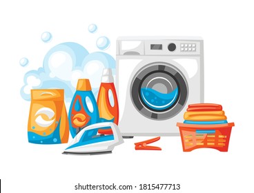 Laundry service background with professional items. Washing and cleaning illustration.