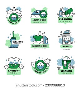 Laundry service badges. Logo set with place for text recent vector cleaning service and professional tools