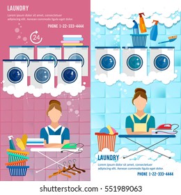 Laundry service banner concept, laundry room with facilities for washing clothes, laundry staff washing machine 